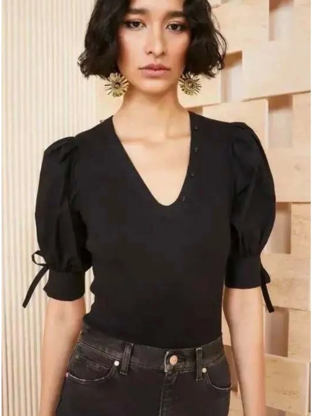 ULLA JOHNSON Puff Sleeve Ribbed Blouse Black XL (Fits more like a Large)